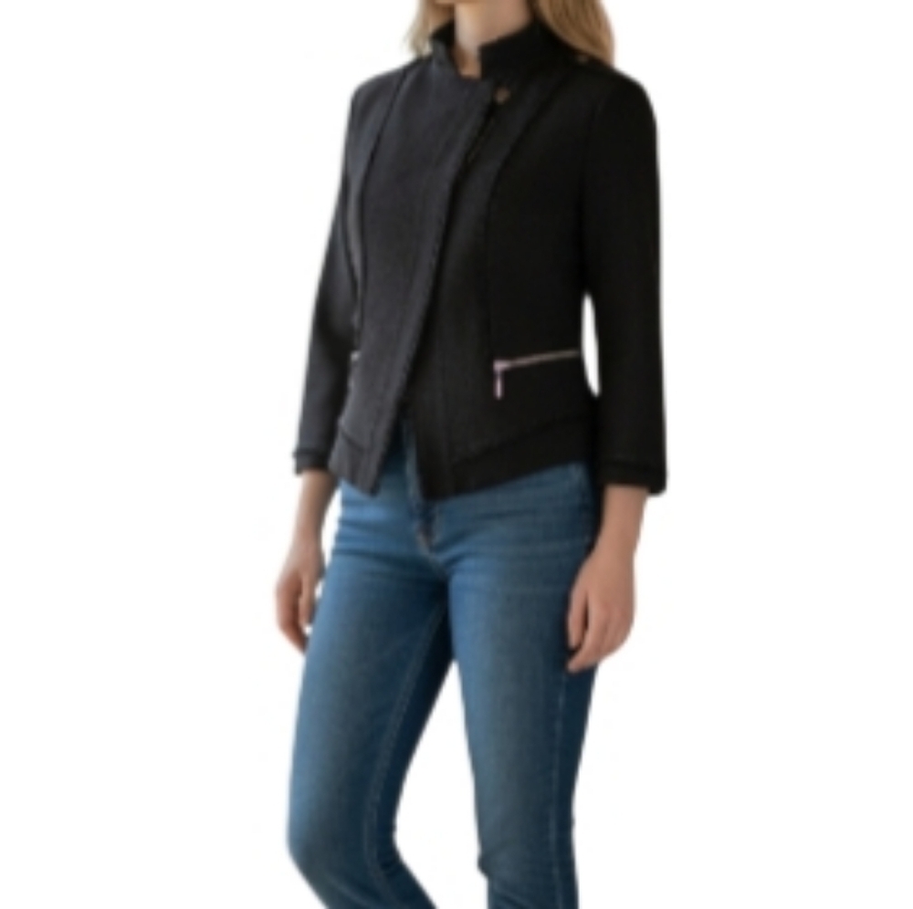 WHBM Black Moto Tweed Jacket Size 2 | Raw Edge Trim Zip Pockets Evening Chic